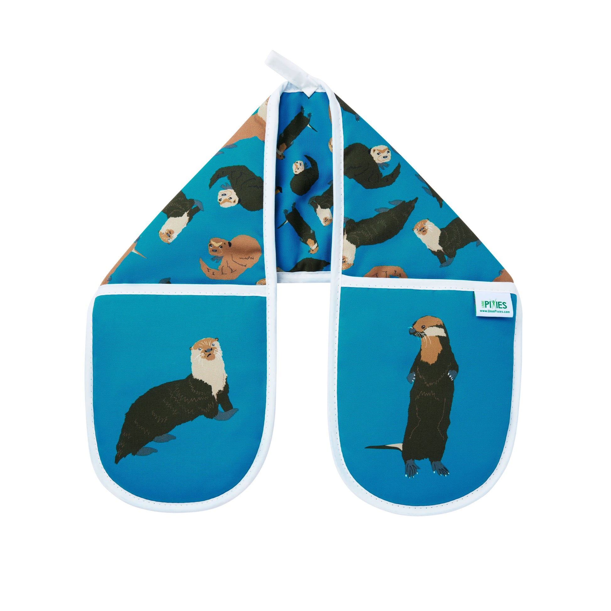 Oven mitt and pot holder set with otter design on a blue background