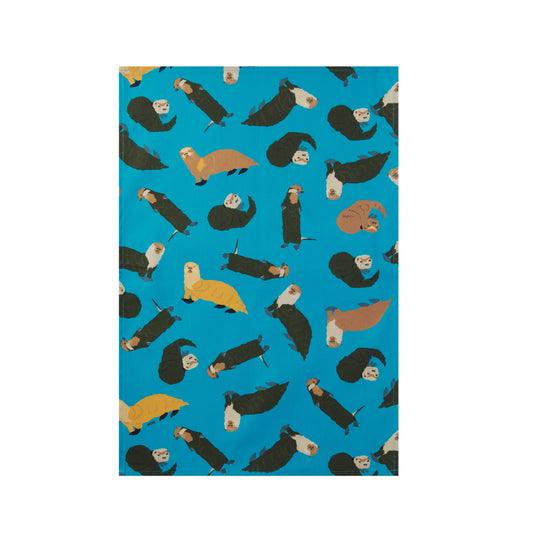 Petrol blue tea towel with otters design