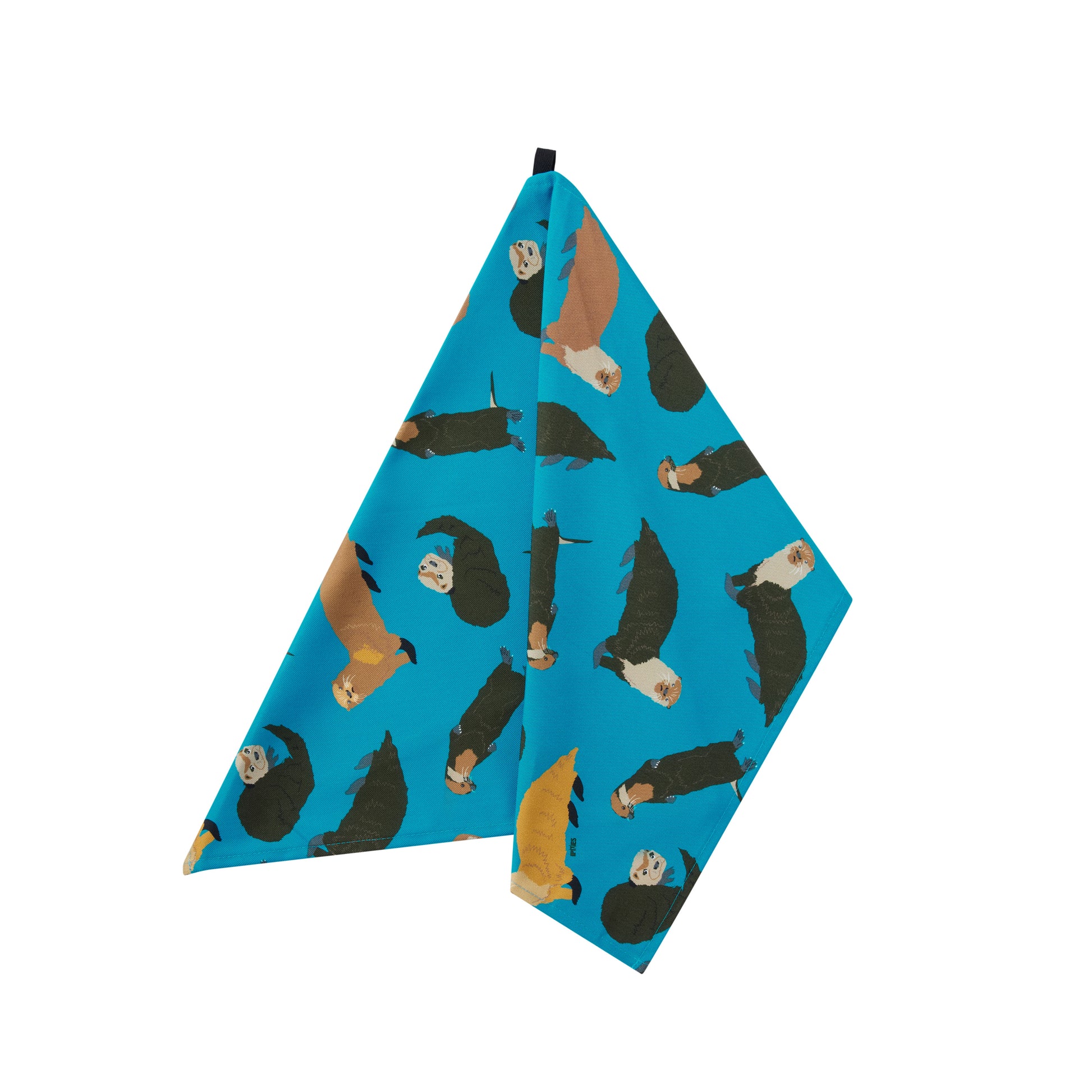 Petrol blue tea towel with otters design
