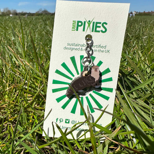 Otter keyring shown on display card in a park