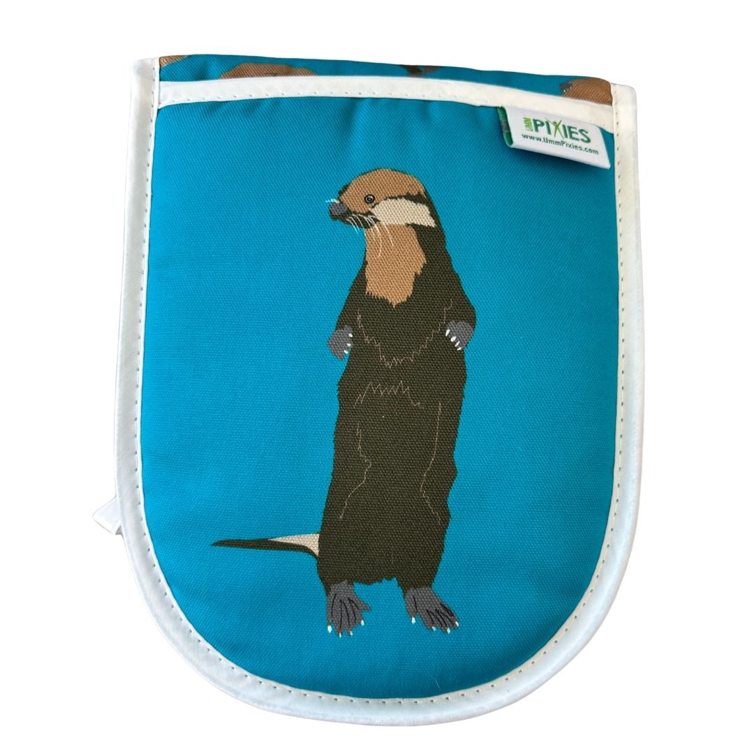 Blue oven mitt with otter design and UmmPixies branding on a white background