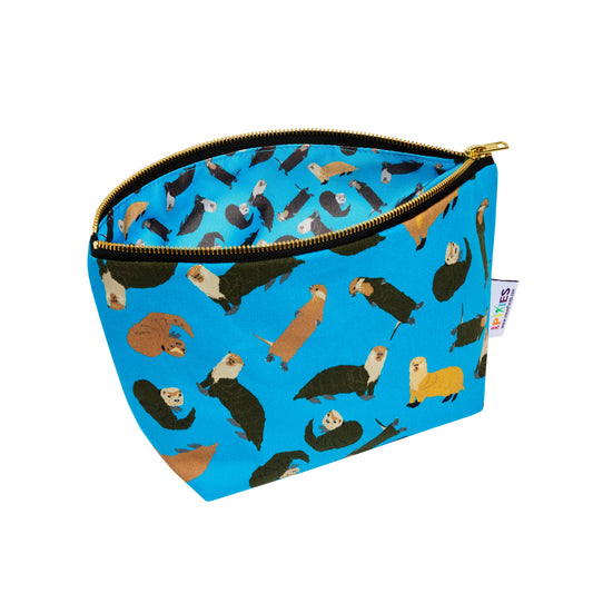 Blue pouch with otter pattern on a white background