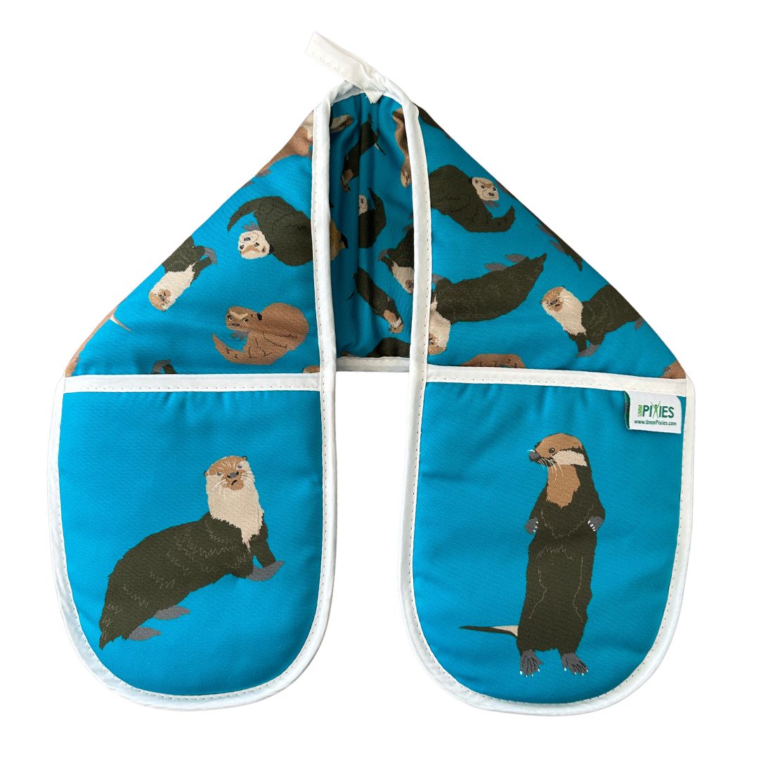 Petrol blue organic cotton double oven gloves with otters illustrations 