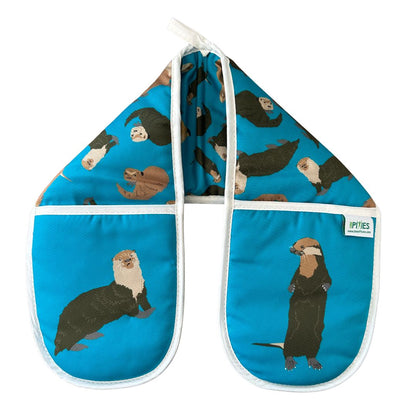 Petrol blue organic cotton double oven gloves with otters illustrations 