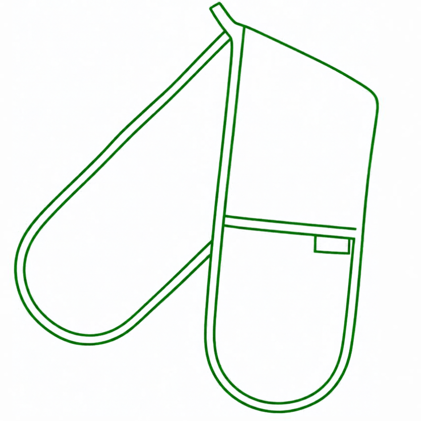 A simple green line drawing of double oven mitts on a plain white background.