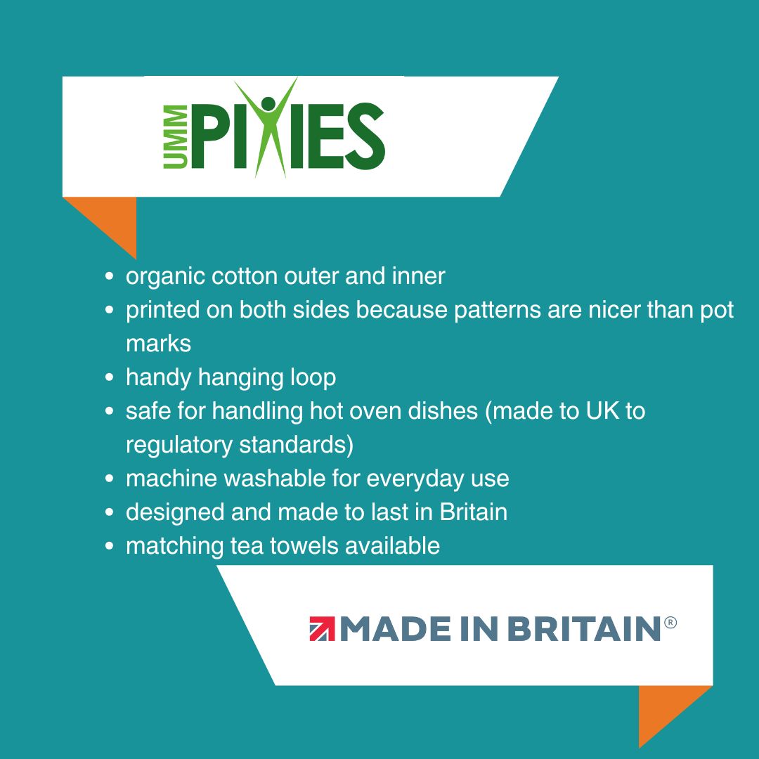 Product information about UmmPixies oven gloves on a teal background with brand logo and Made in Britain accreditation