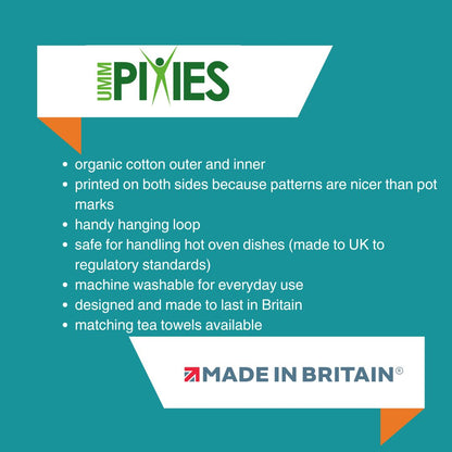 Product information about UmmPixies oven gloves on a teal background with brand logo and Made in Britain accreditation