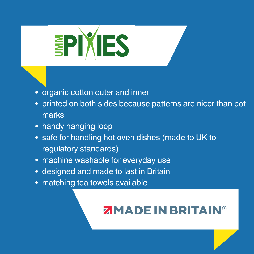 Umm Pixies oven gloves product information on a blue background 