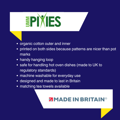 UmmPixies oven gloves product features description on a green background with brand logo.