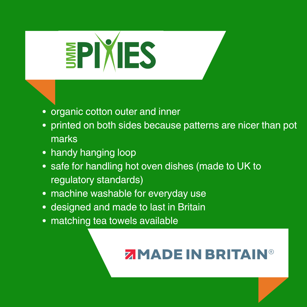 UmmPixies Colourful Cotton Oven gloves product features description on a green background with brand logo.