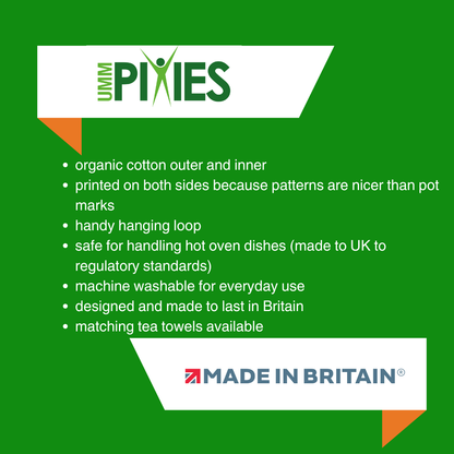 UmmPixies Colourful Cotton Oven gloves product features description on a green background with brand logo.