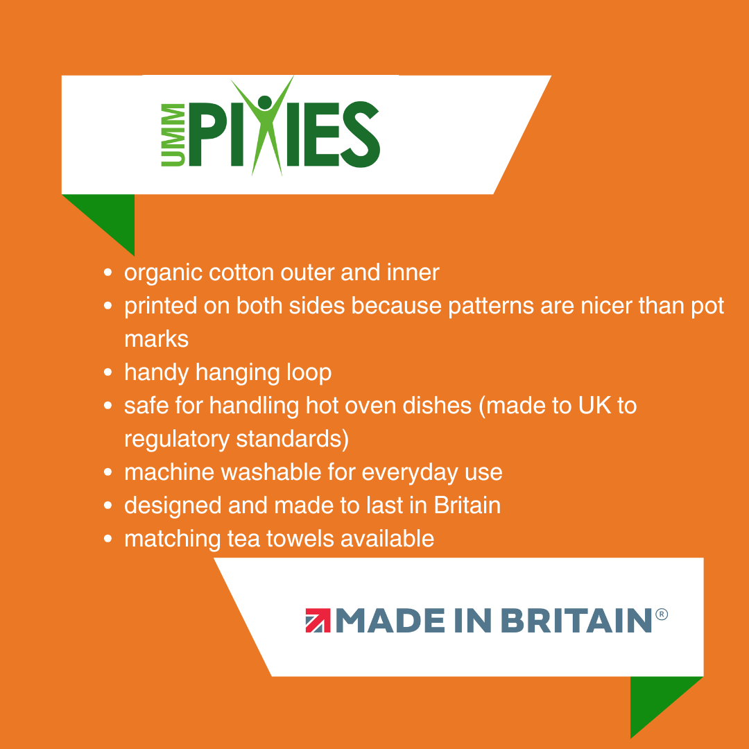 UmmPixies Oven gloves product features description on an orange background with brand logo.