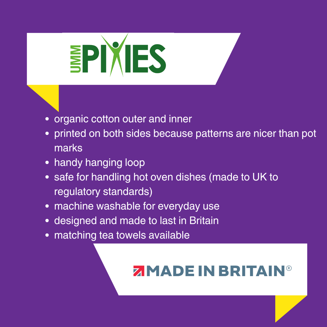 UmmPixies Colourful Cotton Oven Gloves product features description on a purple background with brand logo.