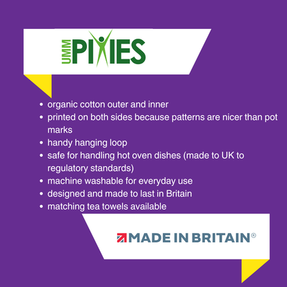 UmmPixies Colourful Cotton Oven Gloves product features description on a purple background with brand logo.