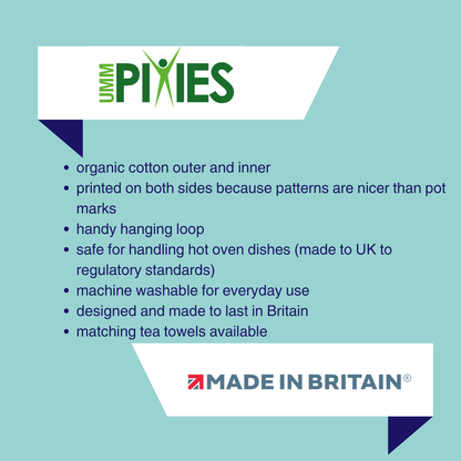 UmmPixies Oven gloves product features description on a teal background with brand logo.