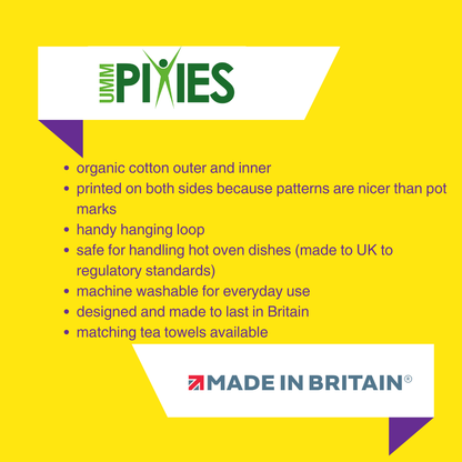 UmmPixies Oven gloves product features description on a yellow background with brand logo.