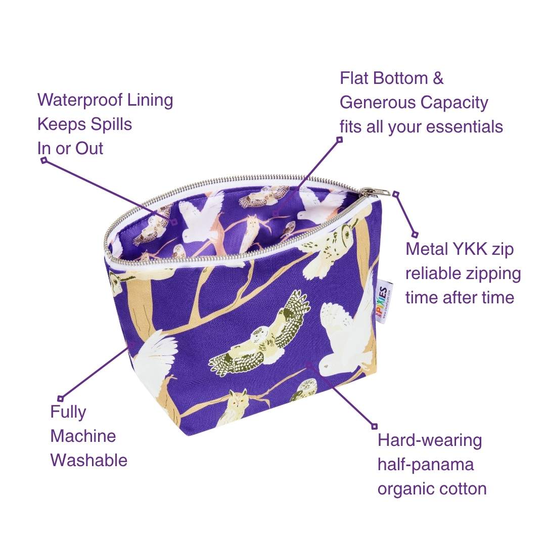 Purple pouch with British owls design and features listed on a white background