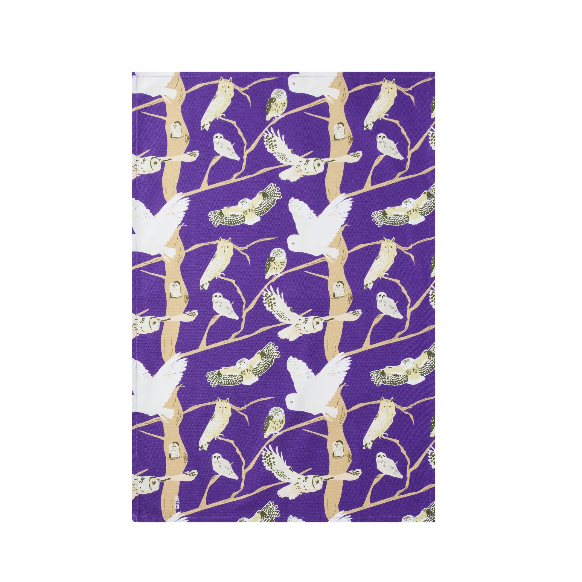 Purple kitchen towel featuring illustrations of 5 native owls to the British isles 