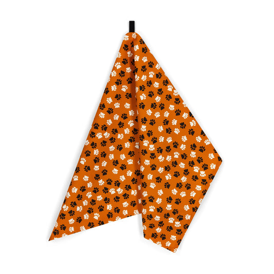 Orange Paw Print Tea Towel in organic Cotton from UmmPixies. Designed and made in the UK