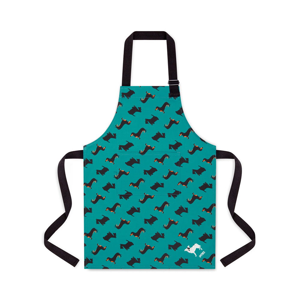 Organic Cotton apron from UmmPixies featuring the dogtooth design of dachshunds and Scottish terriers