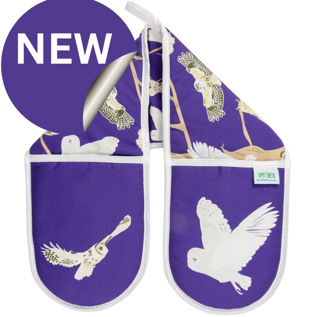 Purple oven gloves with pattern featuring the 5 species of native British owls including barn owl. tawny owl and more