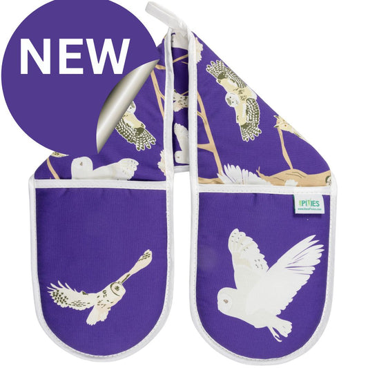Purple oven gloves with pattern featuring the 5 species of native British owls including barn owl. tawny owl and more