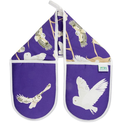 Purple oven gloves with pattern featuring the 5 species of native British owls including barn owl. tawny owl and more, shown on a white background