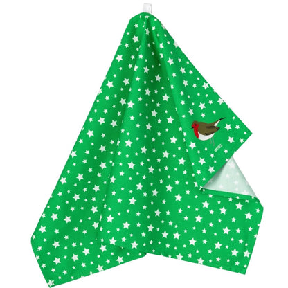Green fabric with white star pattern and bird design on a white background