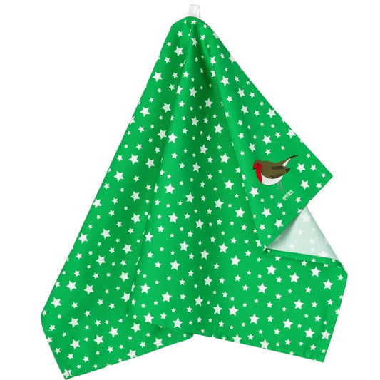 Green fabric with white star pattern and bird design on a white background