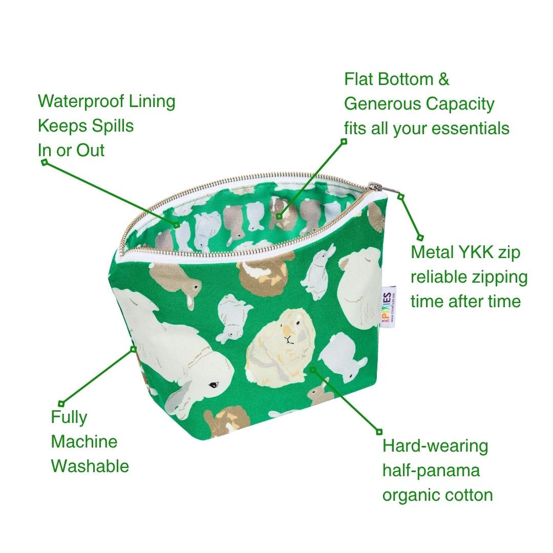 Green pouch with rabbits pattern and features highlighted on a white background