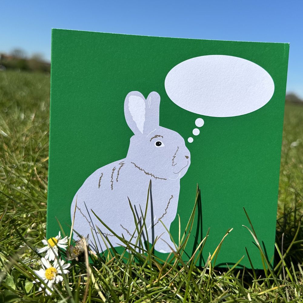 Green Greetings Card with rabbit illustration shown  next to daisies growing in grass on a sunny day