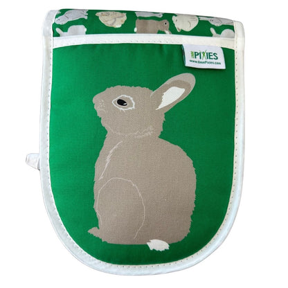 Close up of left mitt of bright green organic cotton oven mitts from UmmPixies