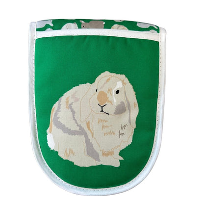 Close up of right mitt of bright green rabbits design organic cotton oven gloves from UmmPixies