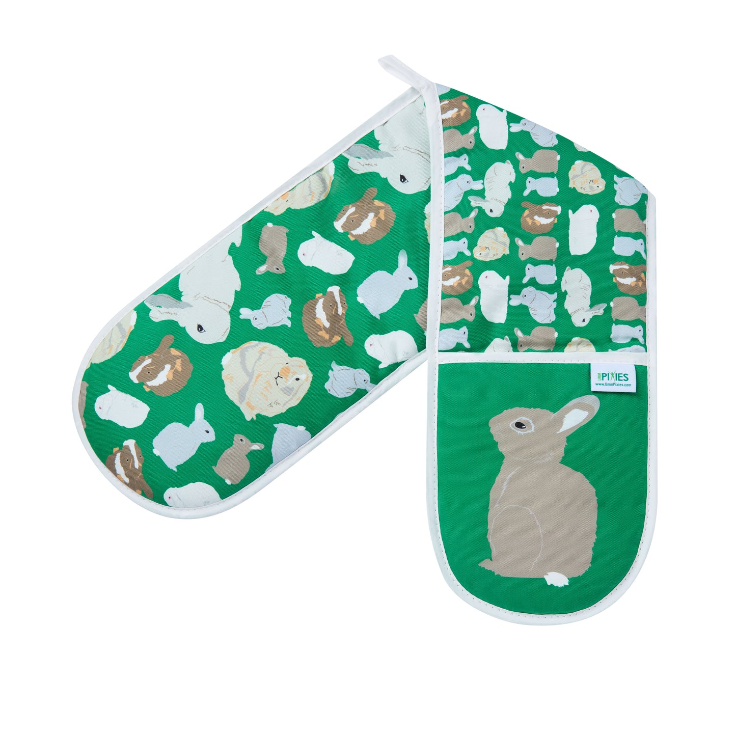 Green double oven gloves with rabbits pattern, shown open to reveal design on both sides and hanging loop for easy display and storage 
