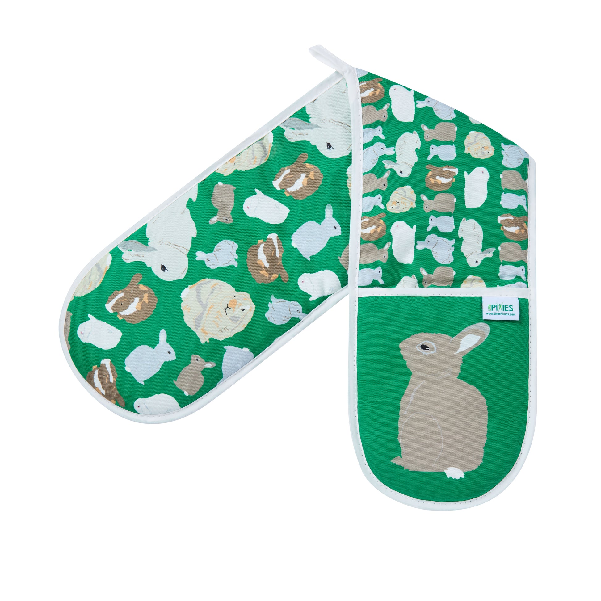 Green double oven gloves with rabbits pattern, shown open to reveal design on both sides and hanging loop for easy display and storage 