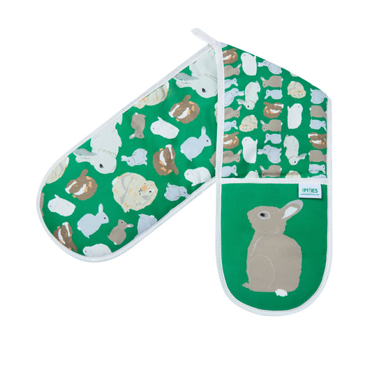 Green double oven gloves with rabbits pattern, shown open to reveal design on both sides and hanging loop for easy display and storage 
