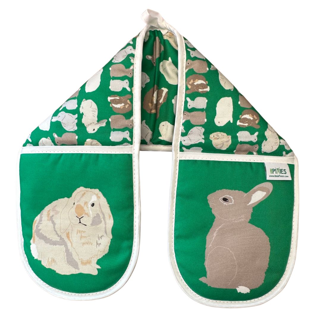 Bright Green Rabbits design organic cotton Oven Mitts 