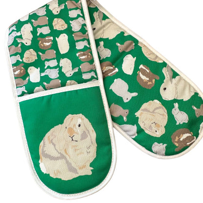 Bright Green Rabbits design organic cotton Oven Mitts shown with right mitt uppermost