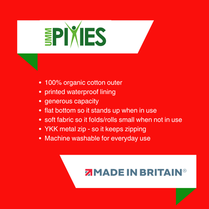 Really Useful Bag product features and 'Made in Britain' label on a red background with UmmPixies branding.