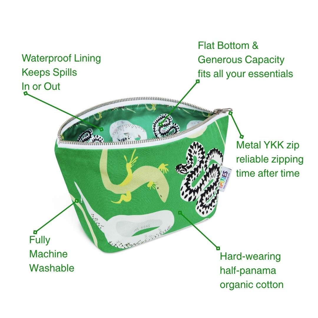 Green pouch with British repiles illustrations and features highlighted on a white background