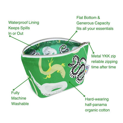Green pouch with British repiles illustrations and features highlighted on a white background