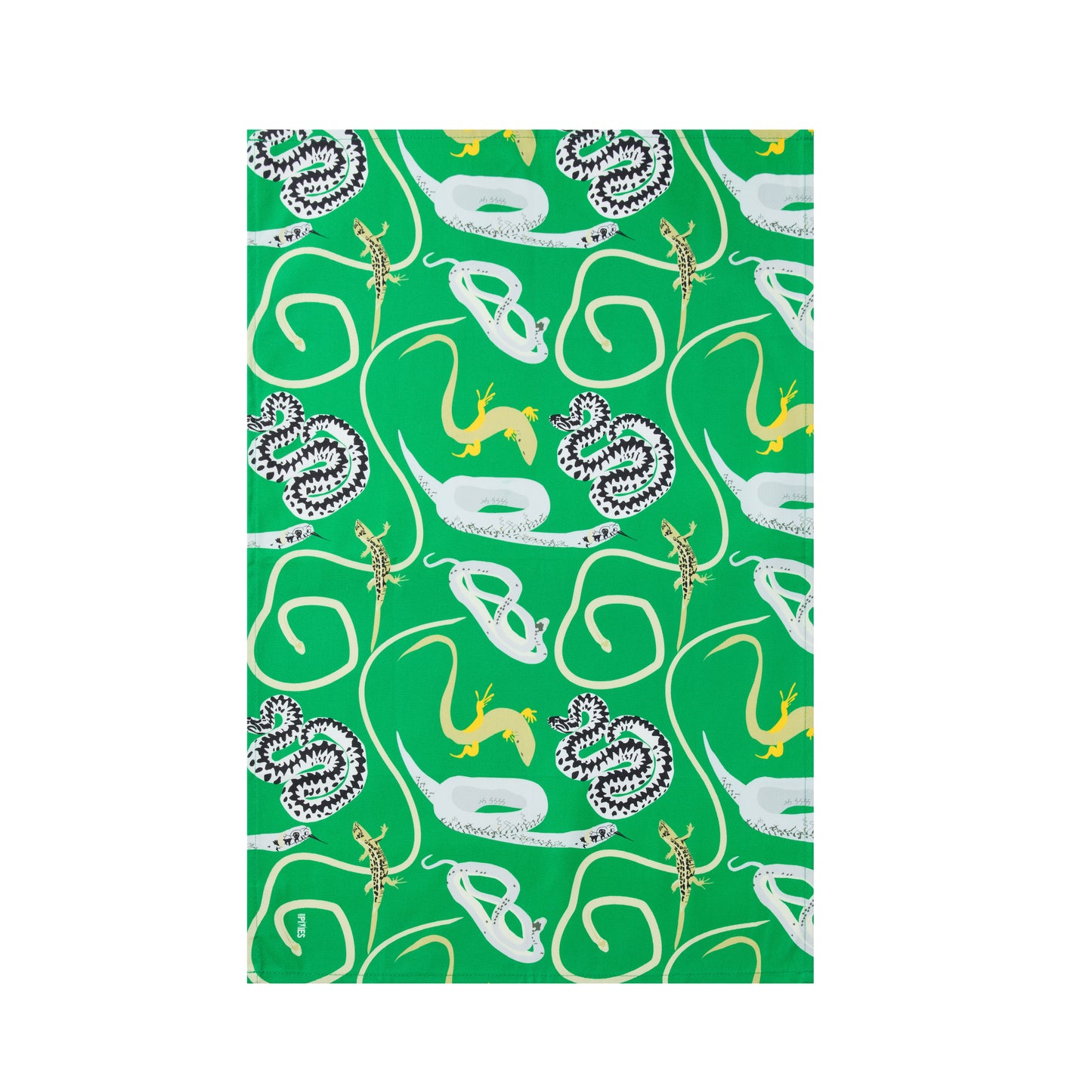 bright green kitchen tea towel with British Reptiles illustrations