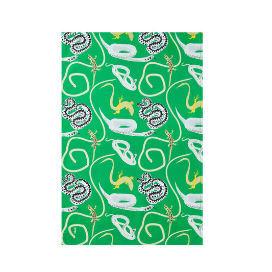 bright green kitchen tea towel with British Reptiles illustrations
