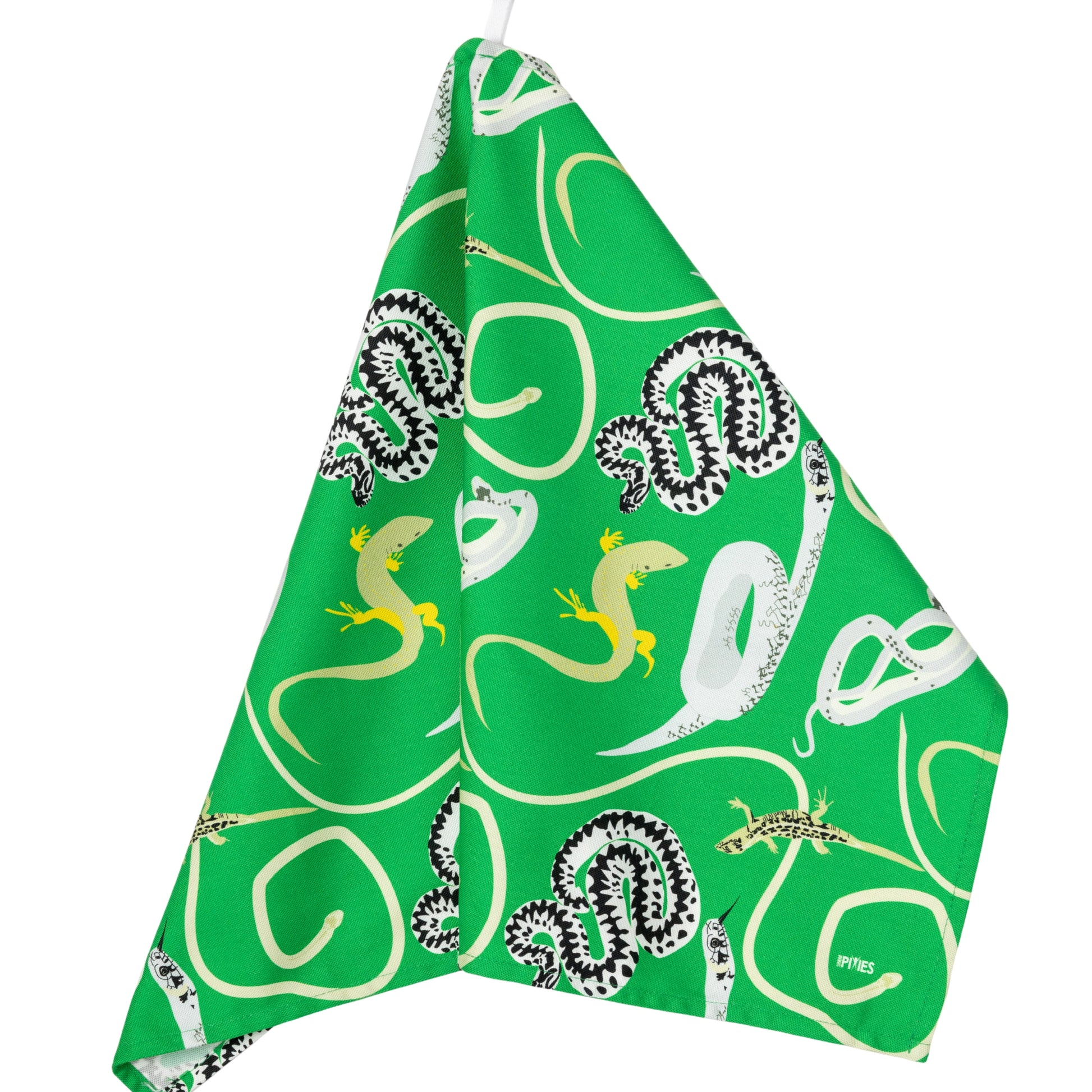 bright green organic cotton tea towel with illustrations of British snakes and lizards