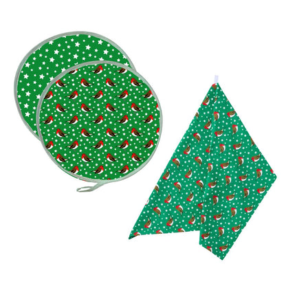 Aga Cover & Tea Towel Set: Festive Green Robins: Pre-order