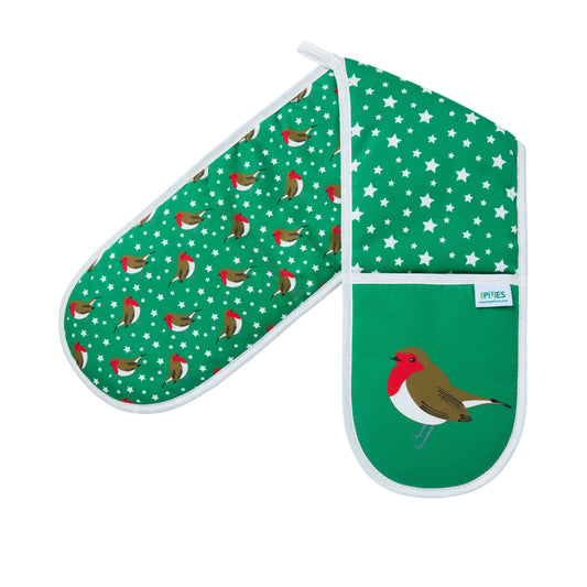 Set of green oven mitt and pot holder with robin pattern on a white background