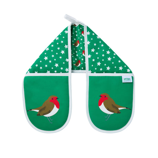 festive green Oven mitt and pot holder set with robin design 