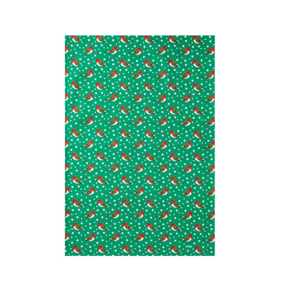 Green cotton tea towel with robins and stars pattern