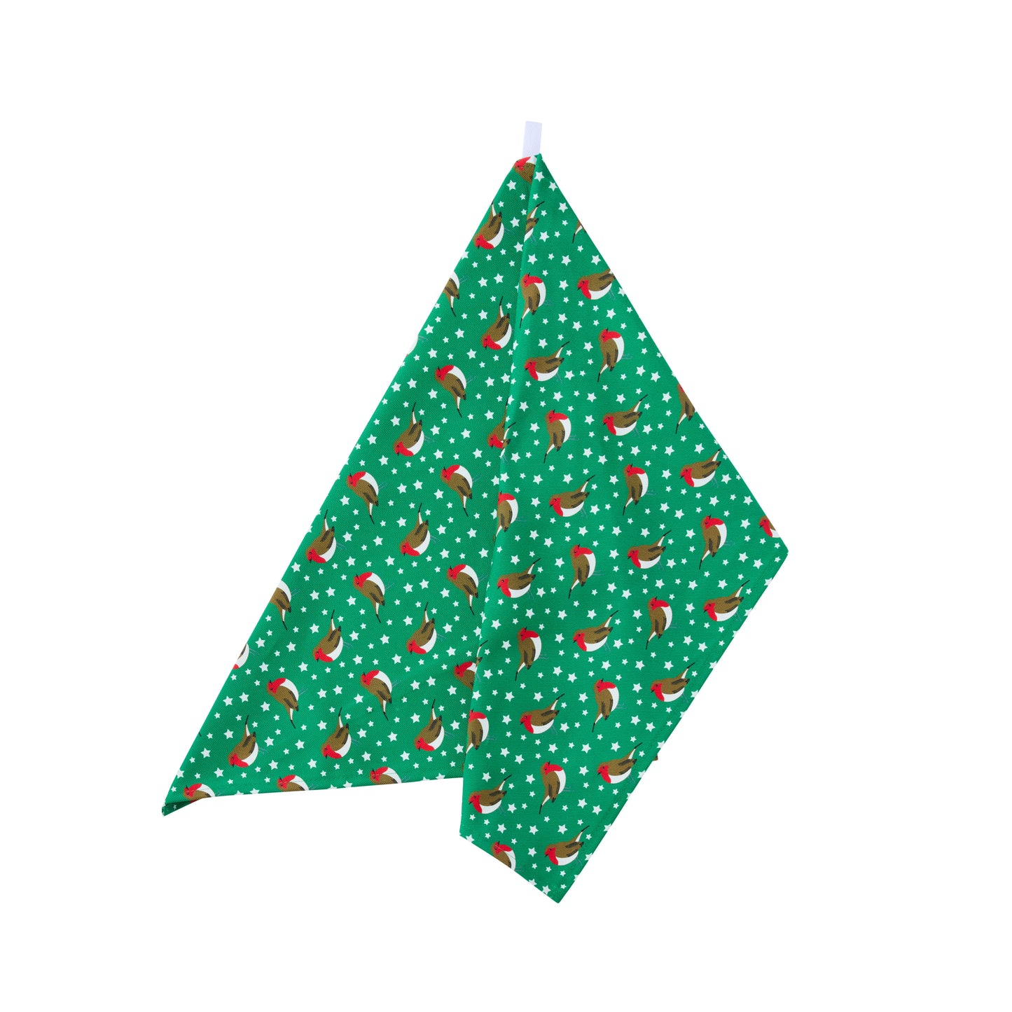 Green kitchen towel with festive robins and stars pattern on a white background