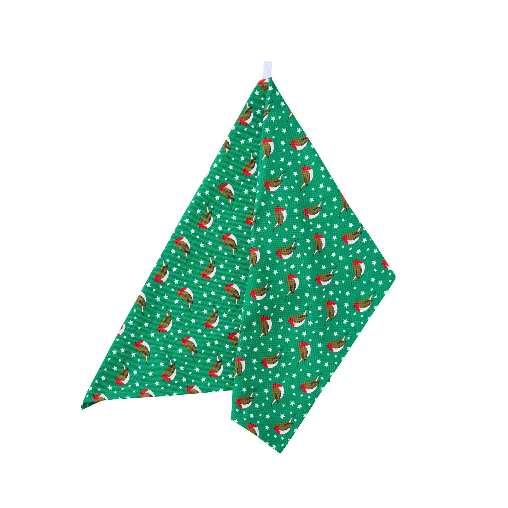 Green kitchen towel with festive robins and stars pattern on a white background